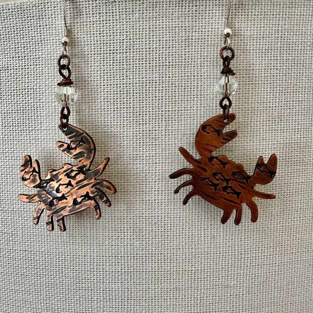 Handmade Copper Crab Earrings with Etched Fish & Crystal Beads